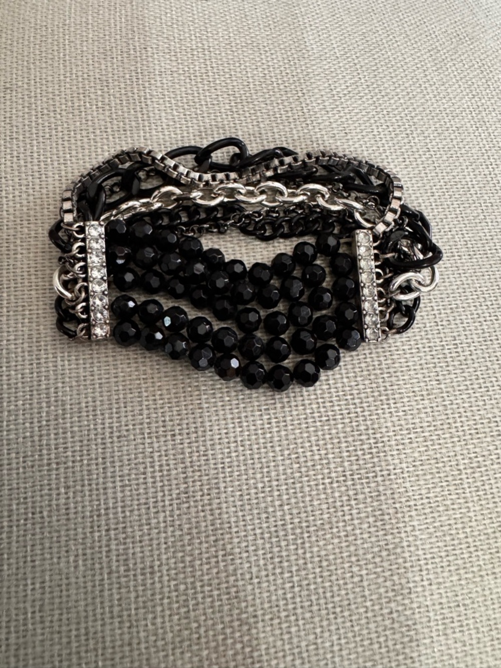 Vintage Avon multi-strand bracelet black beads silver-tone chains rhinestones